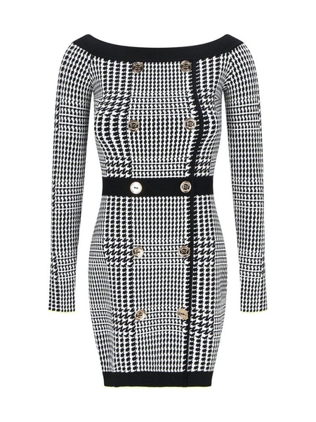 Elisabetta Franchi Boat-Neckline Houndstooth Patterned Mini Dress