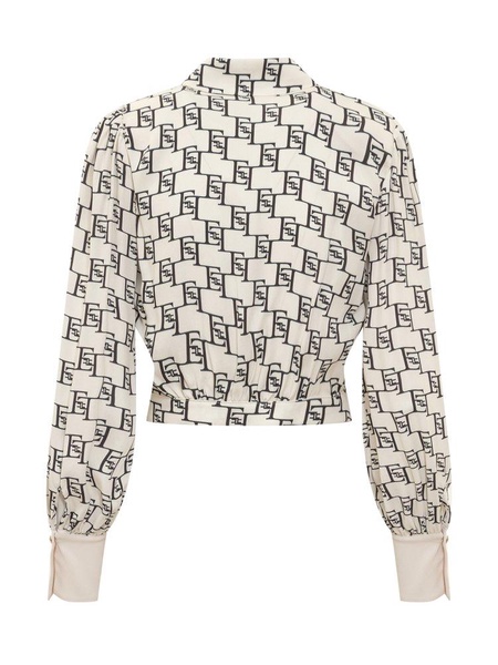 Elisabetta Franchi Logo-Printed Cropped Georgette Blouse