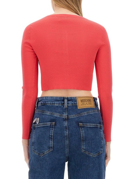 Moschino Jeans Logo Intarsia Knit Cropped Cardigan