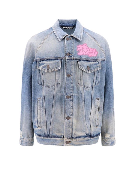 Palm Angels Graffiti Printed Distressed Denim Jacket