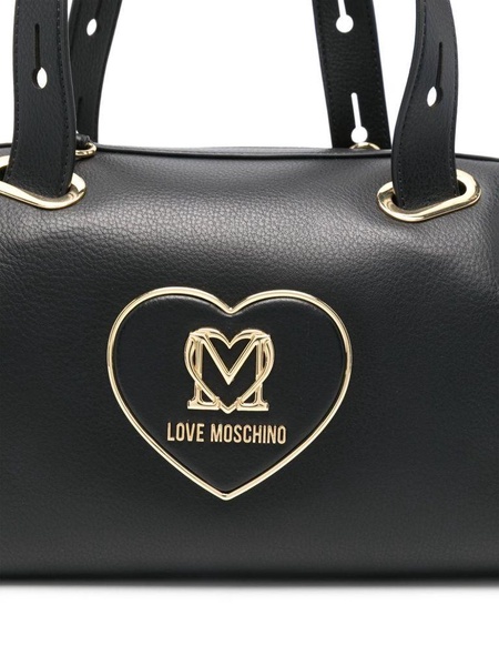 Black synthetic leather handbag with heart logo