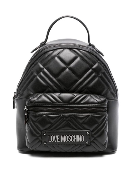 Black quilted faux leather backpack with logo