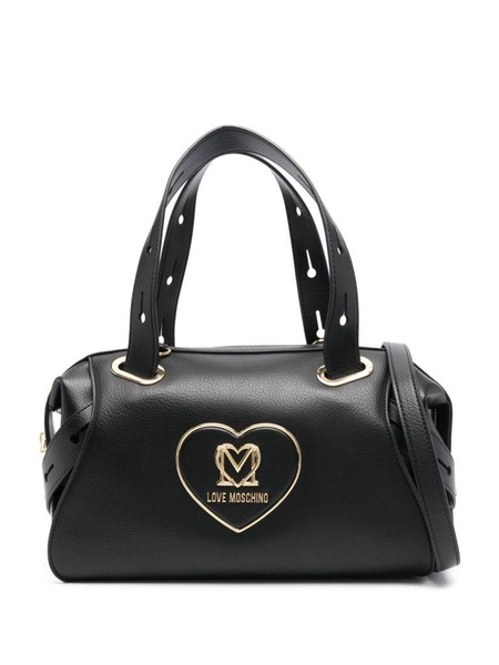 Black synthetic leather handbag with heart logo