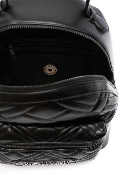 Black quilted faux leather backpack with logo