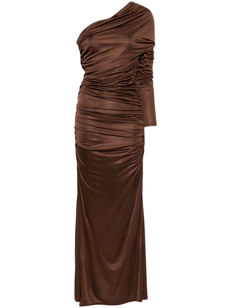 single-sleeve ruched gown