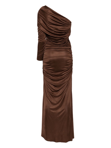 single-sleeve ruched gown