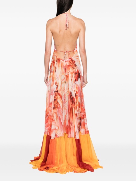 open-back feather-print maxi dress