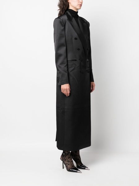 satin-finish double-breasted maxi coat