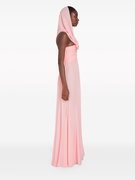 hooded floral-appliqué silk gown