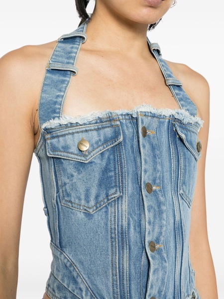 halterneck washed denim corset top