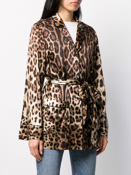 leopard-print belted pajama shirt