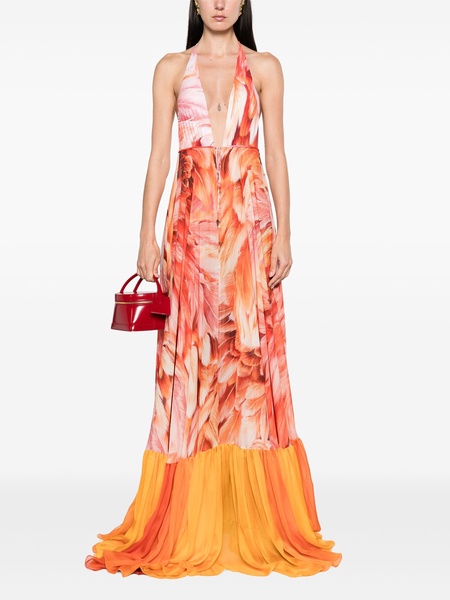 open-back feather-print maxi dress