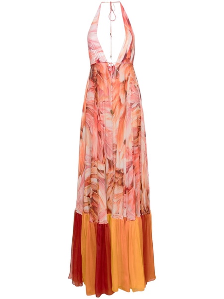 open-back feather-print maxi dress