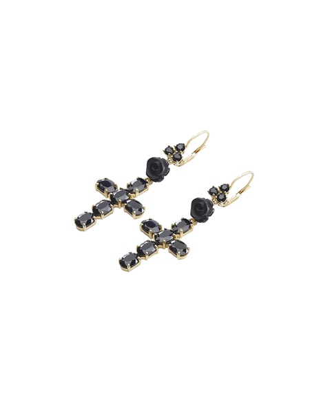 18kt yellow gold Devotion cross black sapphire and jade earrings