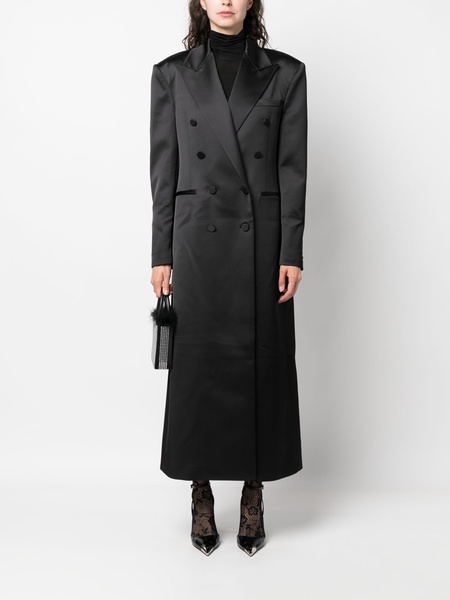 satin-finish double-breasted maxi coat