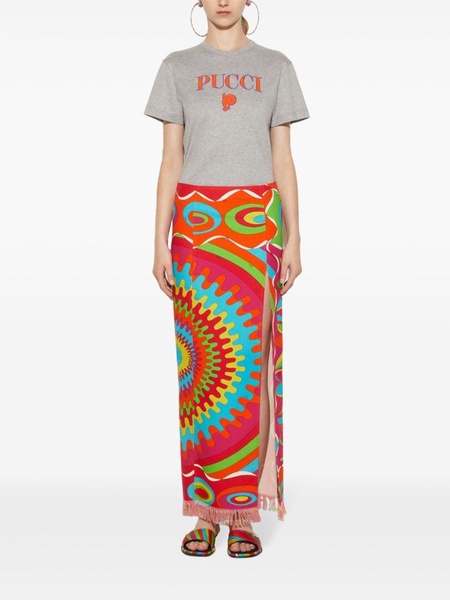 geometric print frayed maxi skirt