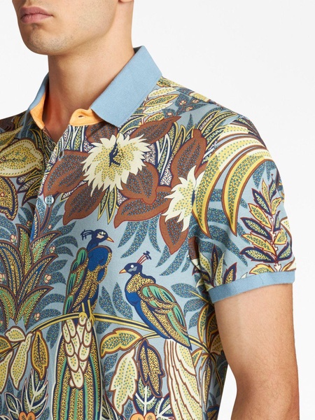 peacock-print cotton polo shirt