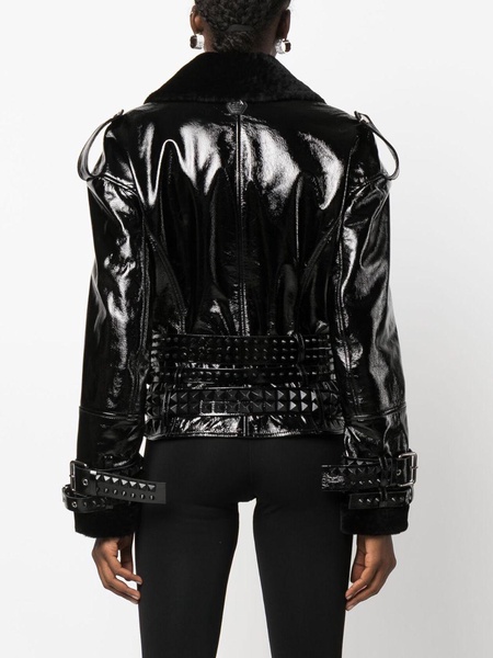 shearling-collar patent-leather jacket