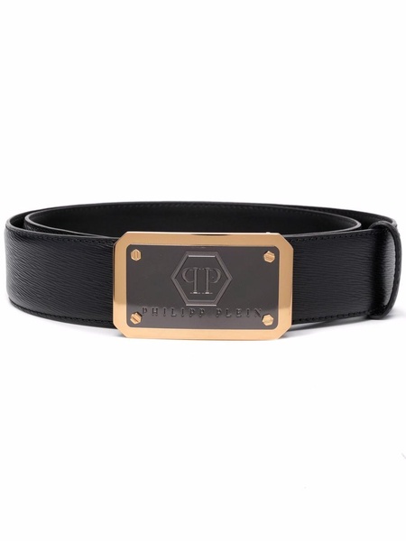 logo-plaque leather belt