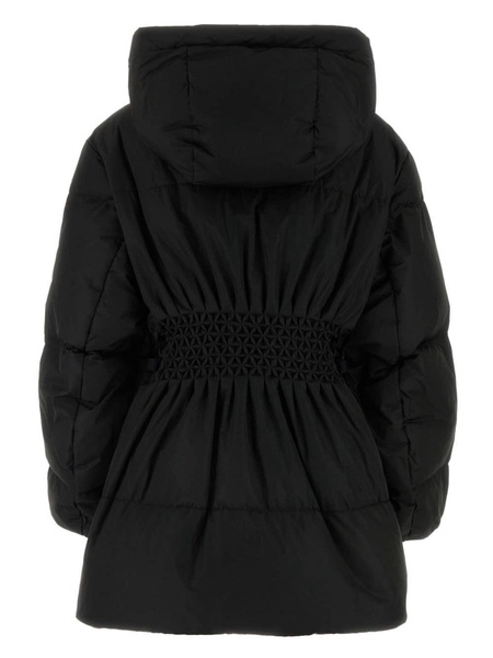 smocked hooded puffer jacket