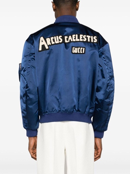 blue appliquéd satin bomber jacket