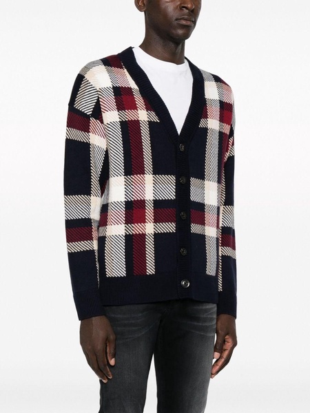 plaid-check ribbed-knit cardigan