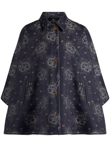 floral-pattern jacquard denim cape