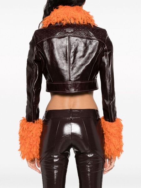 feather-trim cropped leather jacket