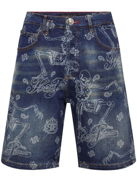 skeleton-print denim shorts