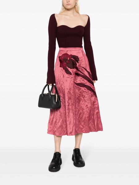 floral-appliqué satin midi skirt