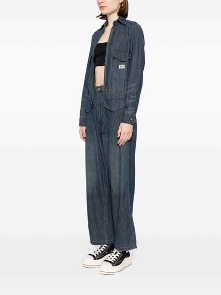 open-front denim jumpsuit