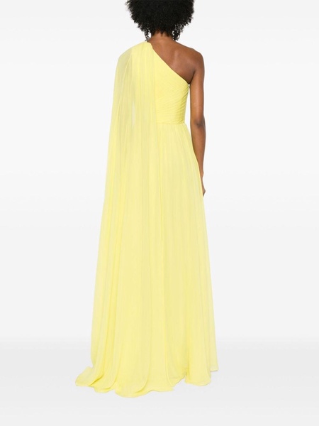 draped one-shoulder gown