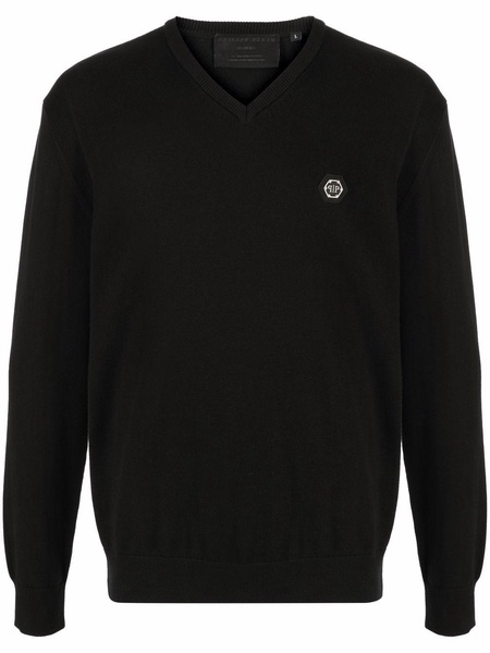 logo-patch V-neck jumper