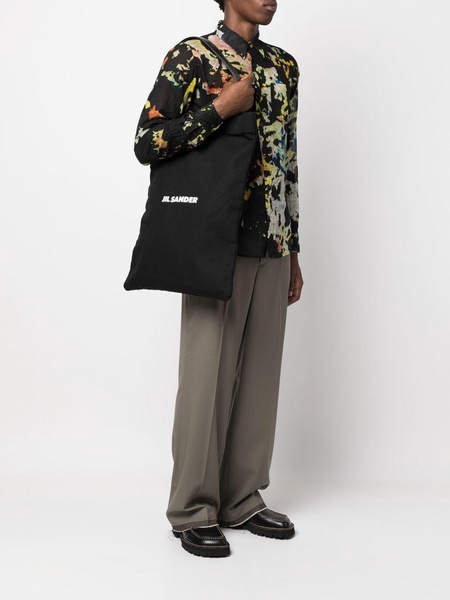 Black Tote Bag with Logo Print in Canvas Woman