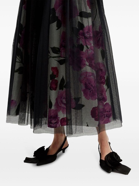 tulle-overlay floral-print midi skirt