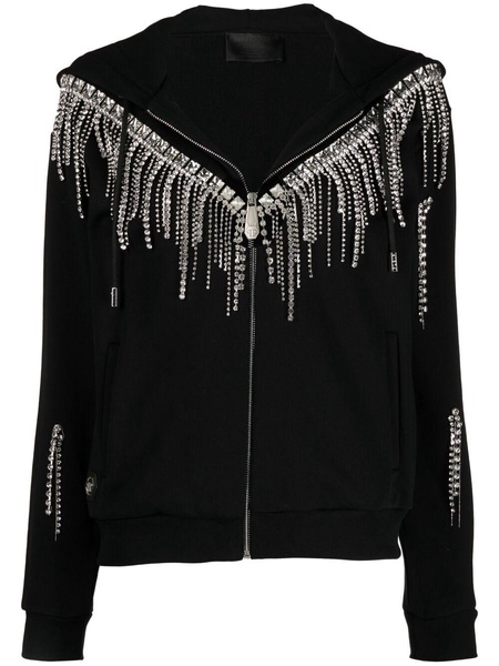 Crystal-fringe hooded zip-up