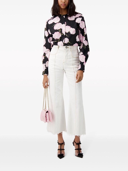 floral-print collarless shirt