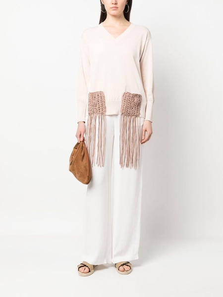 fringe-detail long-sleeve  knitted top