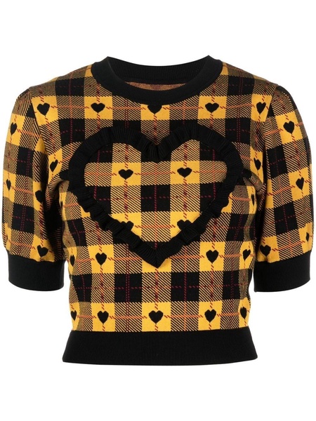 heart plaid print knit top