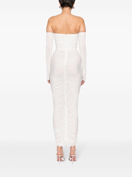 White Crystal-Embellished Ruched Maxi Dress