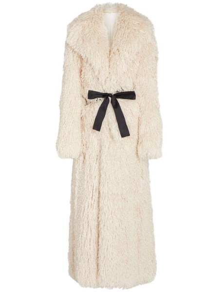 bow-embellished faux fur coat