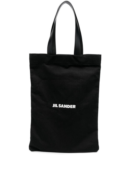 Black Tote Bag with Logo Print in Canvas Woman