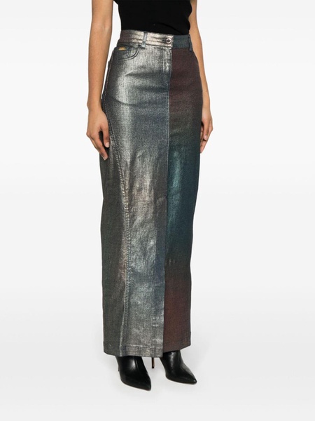 laminated denim maxi skirt