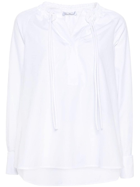 White Drawstring Collar Cotton Blouse