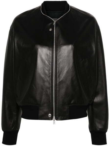 Black Zip-Up Leather Bomber Jacket 