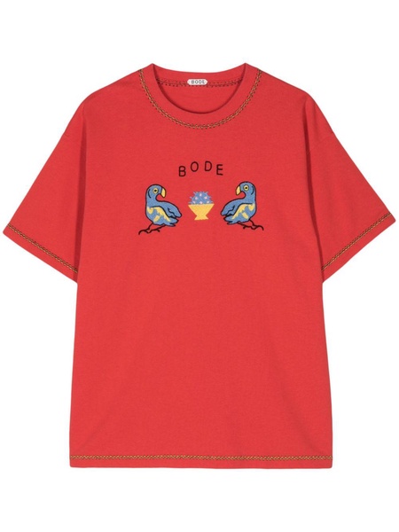 Red Twin Parakeet Embroidered T-Shirt