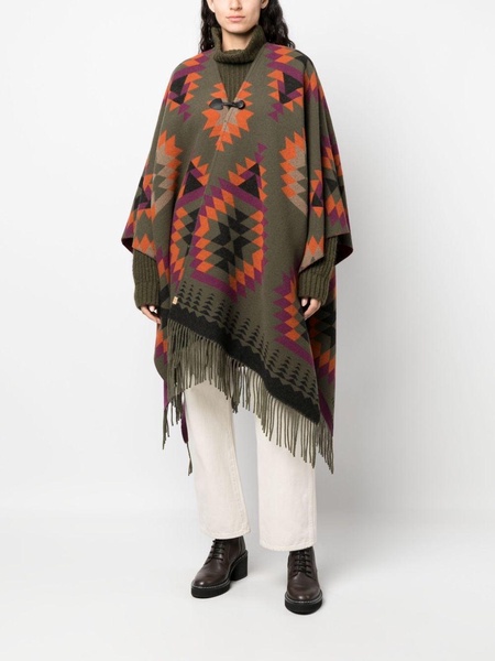 ikat-print fringed wool-blend cape