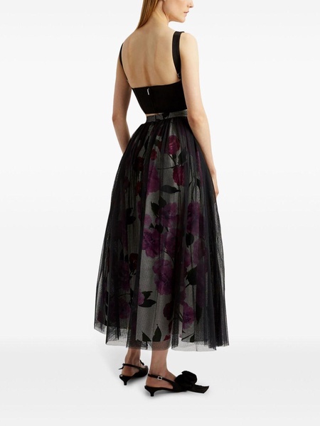 tulle-overlay floral-print midi skirt