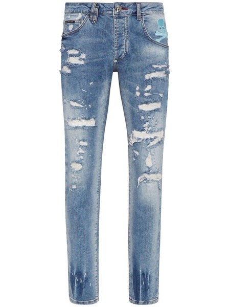 Skull-print distressed straight-leg jeans