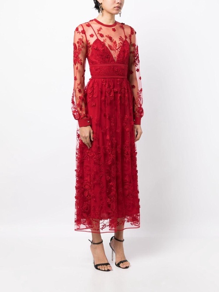 floral-embroidery tulle midi dress